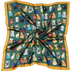 Women Green Cats Headscarf Satin Bandana Pattern Polyester Breathable Scarves